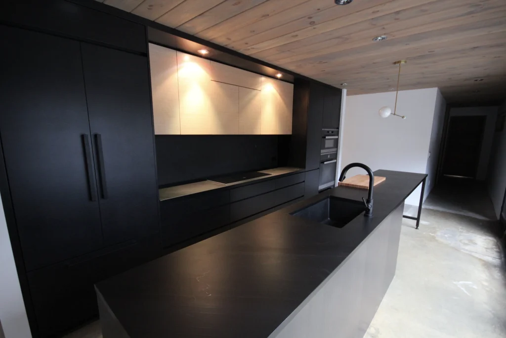 High-end custom appliance installation with a black panel in Saint-Hippolyte, in collaboration with Catlin Stothers Design.